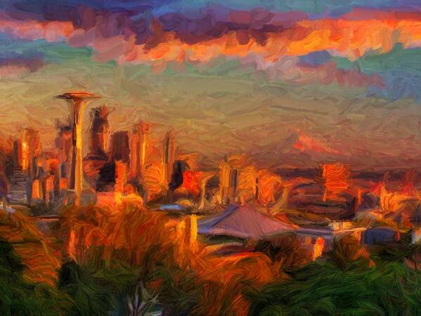 Usa Poster featuring the digital art Seattle Sunset 1 by Caito Junqueira