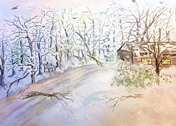 Secluded Cabin Poster featuring the painting Secluded Cabin in Winter by Ellen Levinson