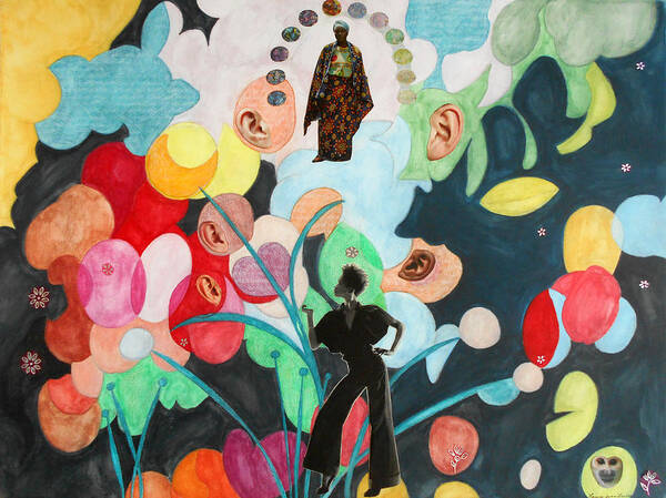 Collage African-american Woman Women Mary Ears Watercolor Surreal Surrealist Surrealism Painting Paintings Bright Color Multicolored Photography Pop Poster featuring the painting She's Thinking of Listening by Laura Joan Levine