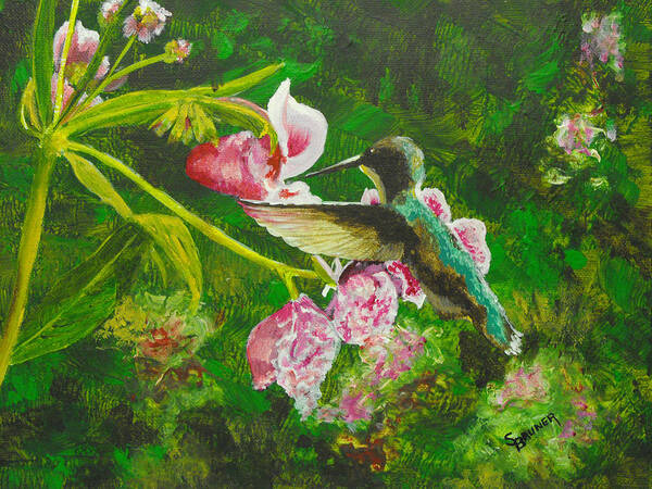 Nature Poster featuring the painting Shimmering Hummingbird by Susan Bruner