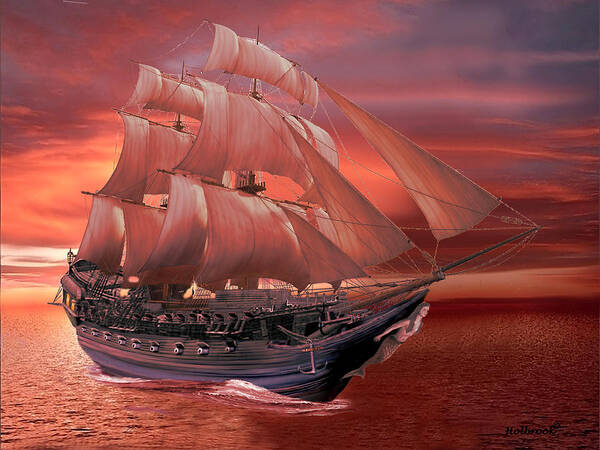 Red Sunset Poster featuring the digital art Ship Sails at Sunset by Glenn Holbrook