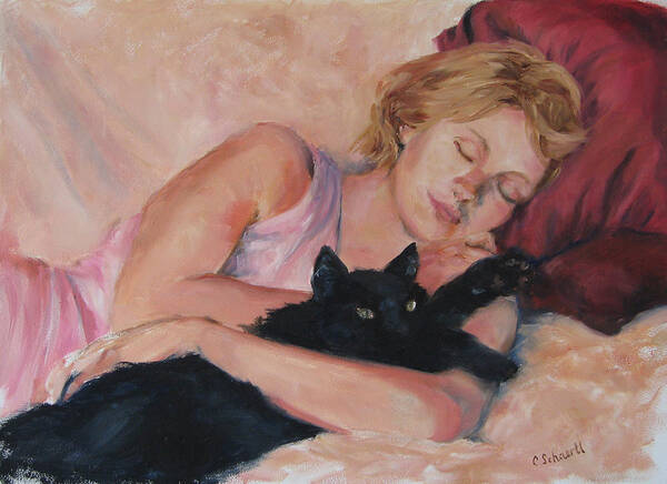 Portrait Poster featuring the painting Sleeping with Fur by Connie Schaertl
