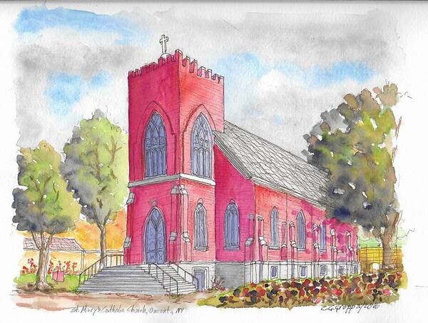 Churchs Poster featuring the painting St. Mary's Catholic Church, Oneonta, NY by Carlos G Groppa