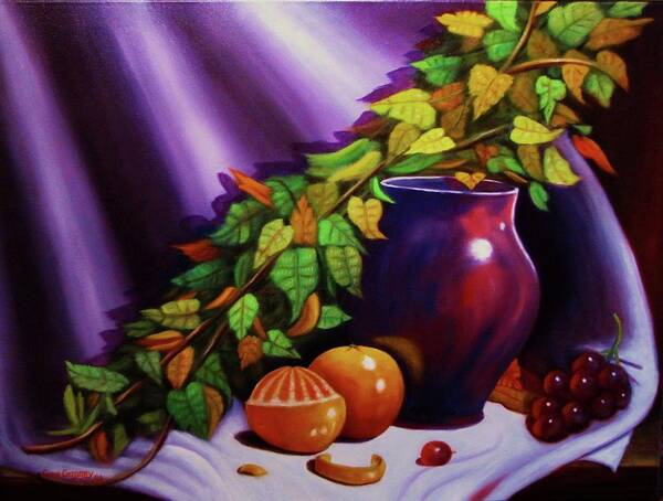 Oil On Canvas....purple Vase......oranges...grapes. Poster featuring the painting Still life w/purple vase by Gene Gregory