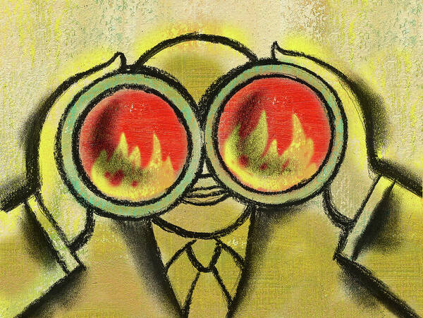 Assessment Binoculars Business Businessman Color Image Concept Crisis Curiosity Danger Difficulty Fear Fiery Fire Forecasting Front View Future Head And Shoulders Holding Horizontal Illustration Illustration And Painting Investing Investor Magnification Man Mid Adult Obscured Face Ominous One Mid Adult Man Only One Person Outlook People Pessimism Problem Projecting Risk Surveillance Threat Treacherous Unsafe Viewing Vision Poster featuring the painting Stock market risk outlook by Leon Zernitsky