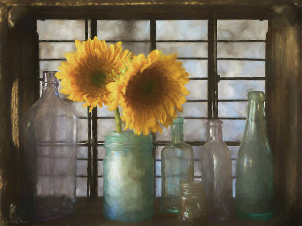 Sunflowers Poster featuring the mixed media Sunflowers and Bottles by Teresa Wilson