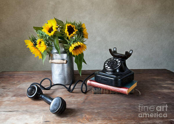 Sunflower Poster featuring the photograph Sunflowers and Phone by Nailia Schwarz