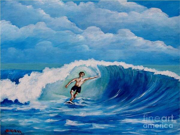 Waves Poster featuring the painting Surfing on the waves by Jean Pierre Bergoeing