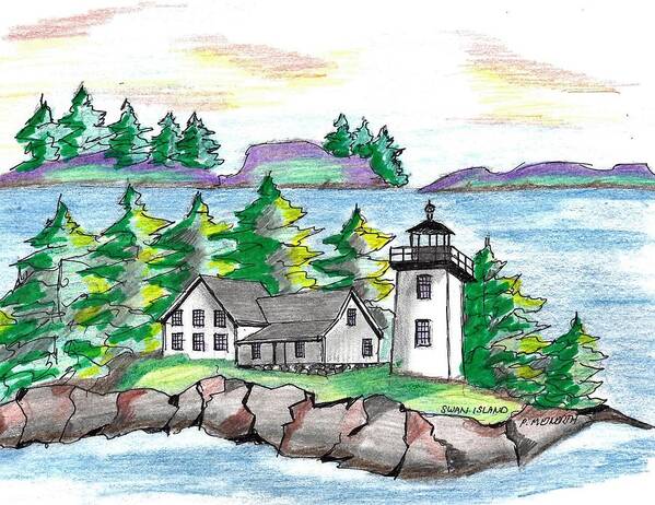  Paul Meinerth Artist Poster featuring the drawing Swan Island Lighthouse by Paul Meinerth