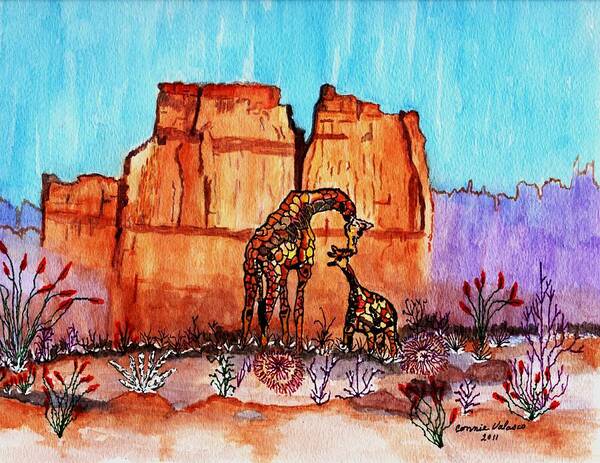 Desert Scene Poster featuring the painting Taking care of her young by Connie Valasco