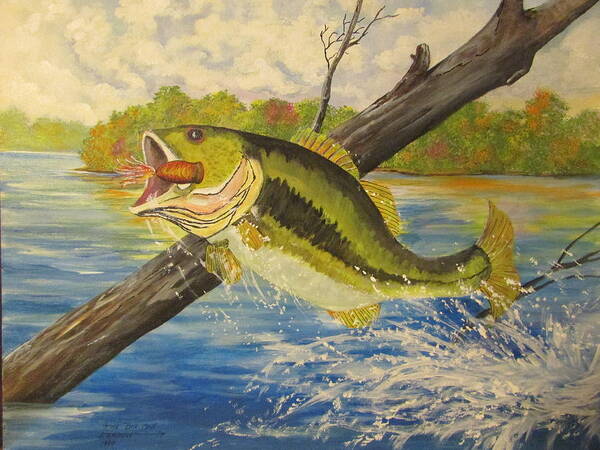 Large Mouth Bass Poster featuring the painting The Big One by Dave Farrow