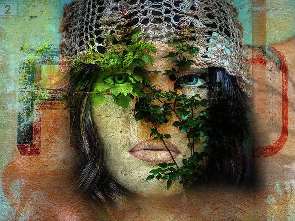 Face Poster featuring the digital art The face with the green leaves by Gabi Hampe