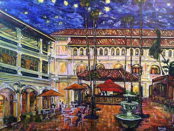 Raffles Hotel Poster featuring the painting The Grand Dame's Courtyard Cafe by Belinda Low