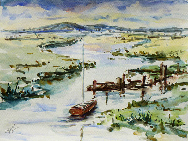 Watercolour Poster featuring the painting The River Bend by Xueling Zou