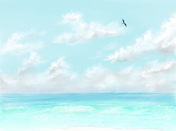 Summer Poster featuring the digital art The waves and bird by Darren Cannell