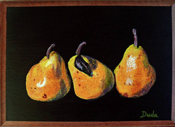 Three Yellow Pears Poster featuring the painting Three Yellow Pears by Susan Duda