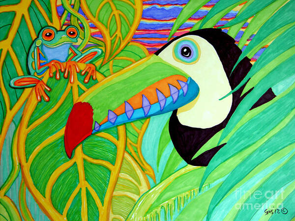 Red Eyed Tree Frogs Poster featuring the drawing Toucan and Red Eyed Tree Frog by Nick Gustafson