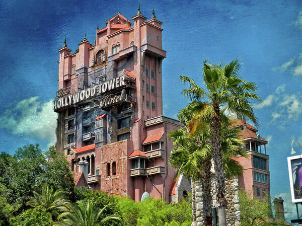 Castle Poster featuring the photograph Tower Of Terror Disney World Textured Sky MP by Thomas Woolworth