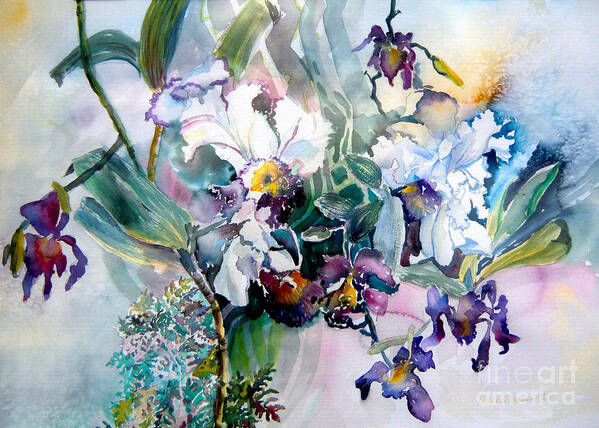Orchids Poster featuring the painting Tropical White Orchids by Mindy Newman