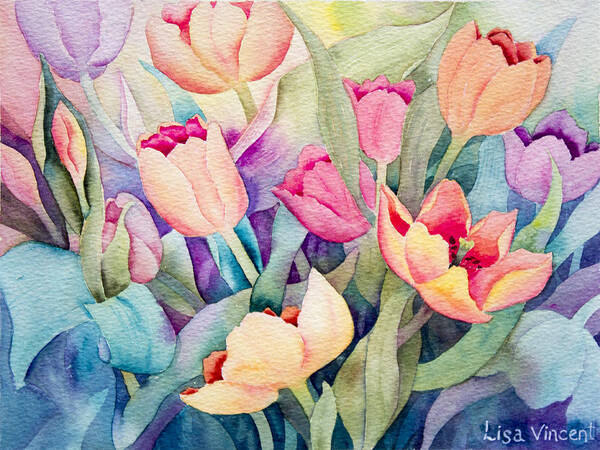 Giclee Poster featuring the painting Tulips In Turquoise by Lisa Vincent