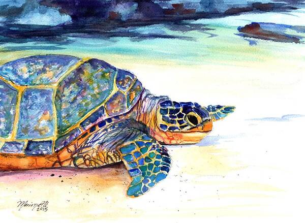 Sea Turtle Poster featuring the painting Turtle at Poipu Beach 2 by Marionette Taboniar