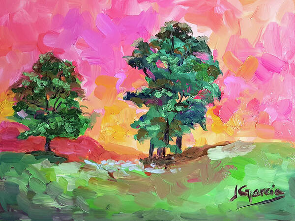 Landscape Poster featuring the painting Two Trees by Janet Garcia