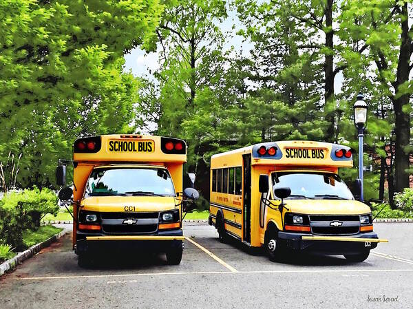 Bus Poster featuring the photograph Two Yellow School Buses by Susan Savad