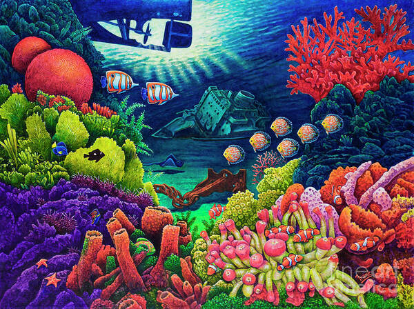Sunken Ship Poster featuring the painting Undersea Creatures VII by Michael Frank