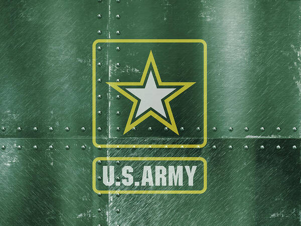 United States Poster featuring the mixed media United States Army Logo on Green Steel Tank by Design Turnpike