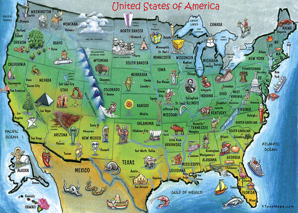 Map Poster featuring the painting USA Cartoon Map by Kevin Middleton