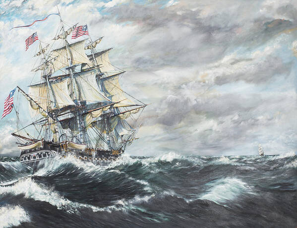 Uss Constitution Poster featuring the painting USS Constitution heads for HM Frigate Guerriere by Vincent Alexander Booth