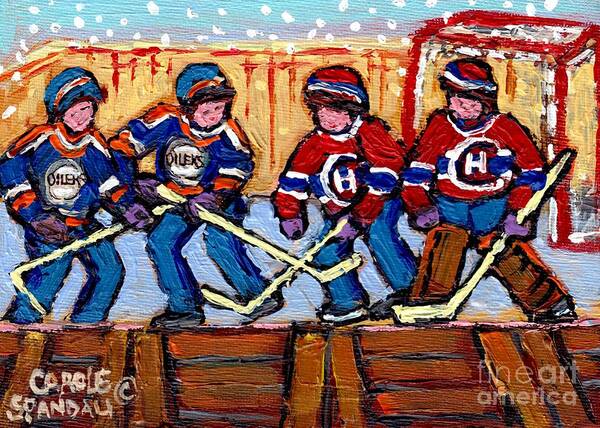 Hockey Poster featuring the painting Verdun Hockey Rink Paintings Edmonton Oilers Vs Hometown Habs Quebec Hockey Art Carole Spandau    by Carole Spandau