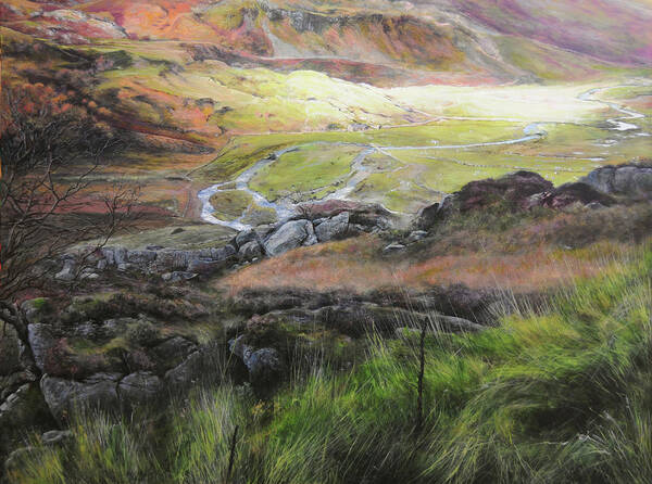 Landscape Poster featuring the painting View down the valley in Snowdonia. by Harry Robertson