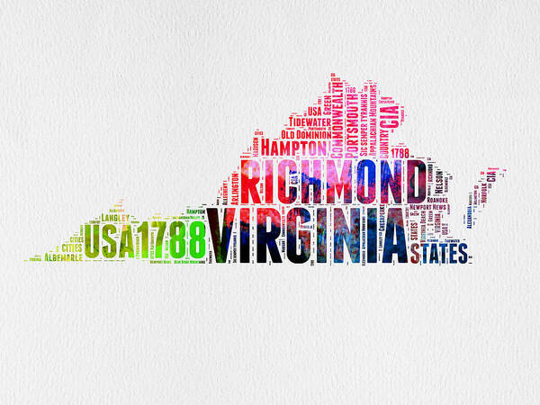 Virginia Poster featuring the digital art Virginia Watercolor Word Map by Naxart Studio