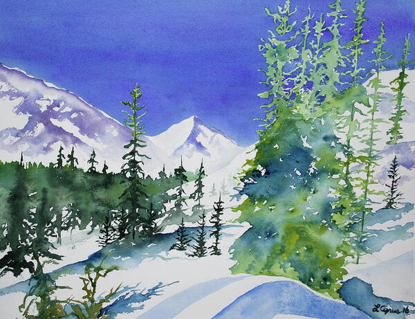 Mountain Poster featuring the painting Watercolor - Sunny Winter Day in the Mountains by Cascade Colors