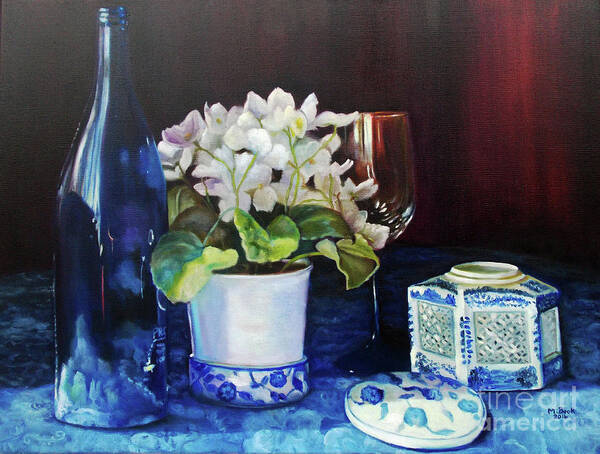 Blue Bottle Poster featuring the painting White African Violets by Marlene Book
