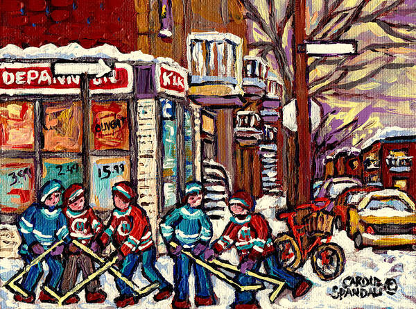 Montreal Poster featuring the painting Winter Scene Hockey Painting Verdun Depanneur Kik Cola Bicycle Montreal Canadian Art Carole Spandau by Carole Spandau