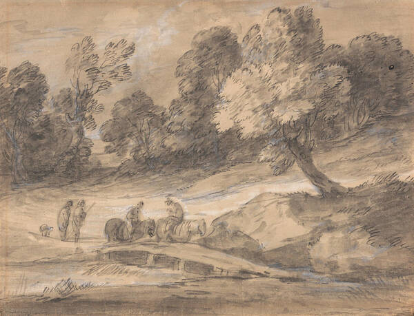 18th Century Art Poster featuring the drawing Wooded Landscape with Figures on Horseback Crossing a Bridge by Thomas Gainsborough