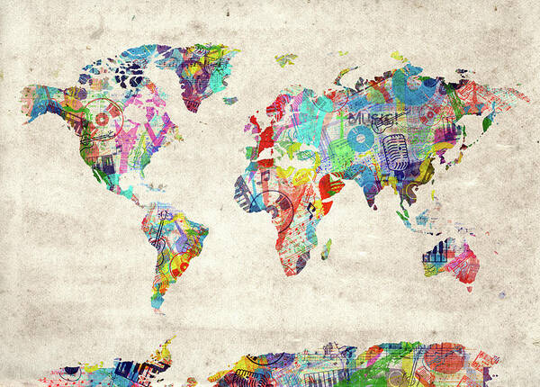 World Map Poster featuring the digital art World Map Music 12 by Bekim M