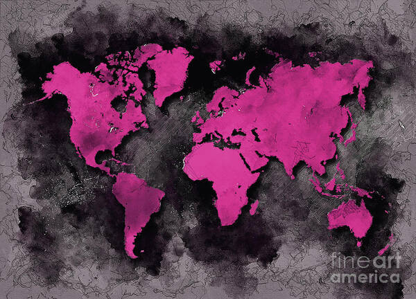 Map Of The World Poster featuring the digital art World Map Purple Black by Justyna Jaszke JBJart