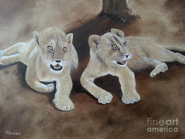 Lions Poster featuring the painting Young Lions by Bev Conover