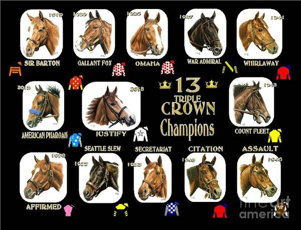 Triple Crown Poster featuring the painting 13 Triple Crown Champions by Pat DeLong