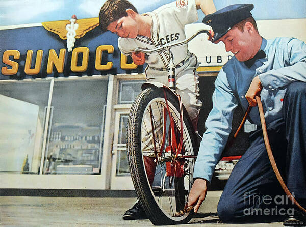 Vintage Poster featuring the mixed media 1960s Advertisement For Sunoco With Attendant And Boy With Bicycle by Retrographs