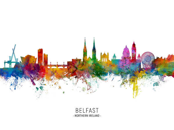 Belfast Poster featuring the digital art Belfast Northern Ireland Skyline #9 by Michael Tompsett