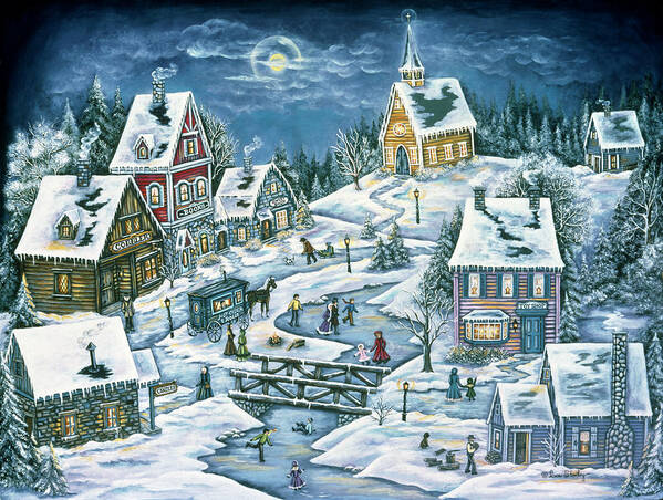 A Snowy Night In The A Hidden Mountain Village. People Are Ice Skating On The River Running Through The Village. Winter Poster featuring the painting A Hidden Mountain Village by Ann Stookey