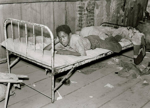 African Poster featuring the painting African American Boy resting on bed in attic of sharecropper shack. New Madrid County, Missouri by 