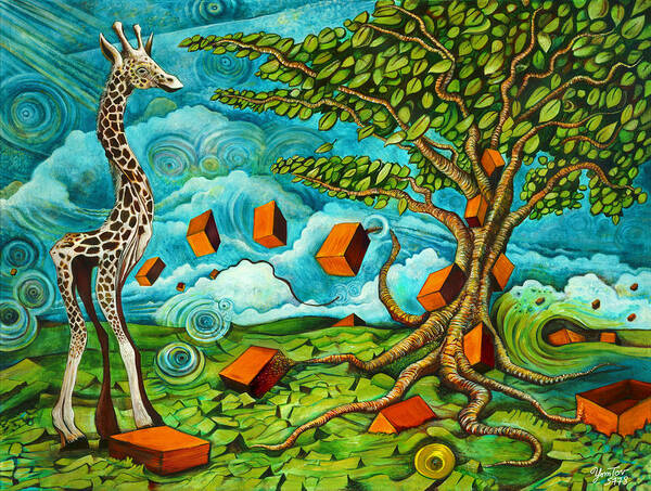 Giraffe Poster featuring the painting As High As Giraffe Bus by Yom Tov Blumenthal
