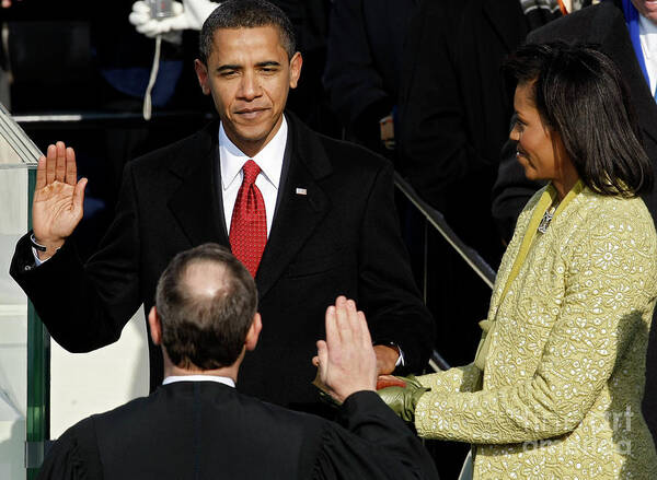 Cardigan Sweater Poster featuring the photograph Barack Obama Is Sworn In As 44th by Chip Somodevilla