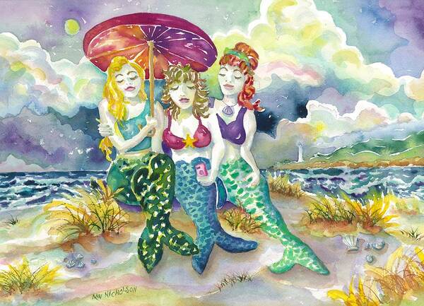 Mermaids Poster featuring the painting Mermaid Beach Selfie by Ann Nicholson
