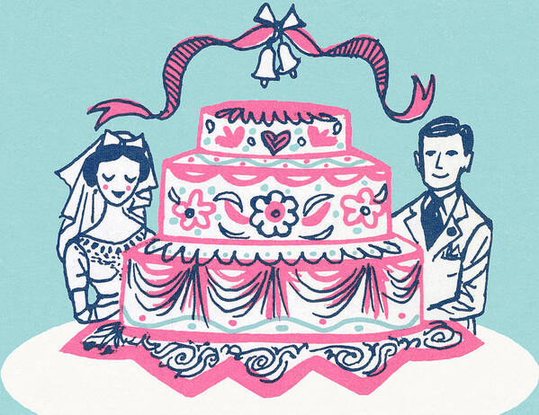 Adult Poster featuring the drawing Bride and Groom With Giant Cake by CSA Images